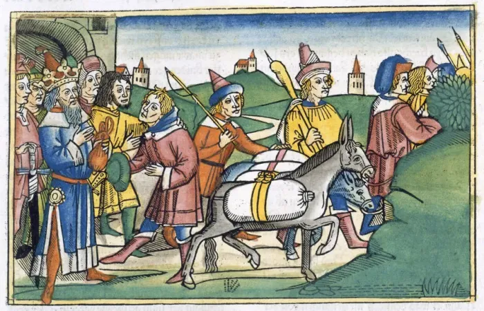 Framed Print : Joseph sends his brothers home with a supply of free food, 15th century Framed Print : Joseph sends his brothers home with a supply of free food, 15th century