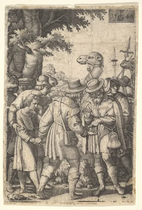 Framed Print : Joseph sold to the merchants: a bearded man grasping Joseph with his left hand receives Framed Print : Joseph sold to the merchants: a bearded man grasping Joseph with his left hand receives