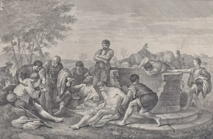 Framed Print : Joseph being sold into slavery by his brothers, who sit around a well dividing up the c Framed Print : Joseph being sold into slavery by his brothers, who sit around a well dividing up the c