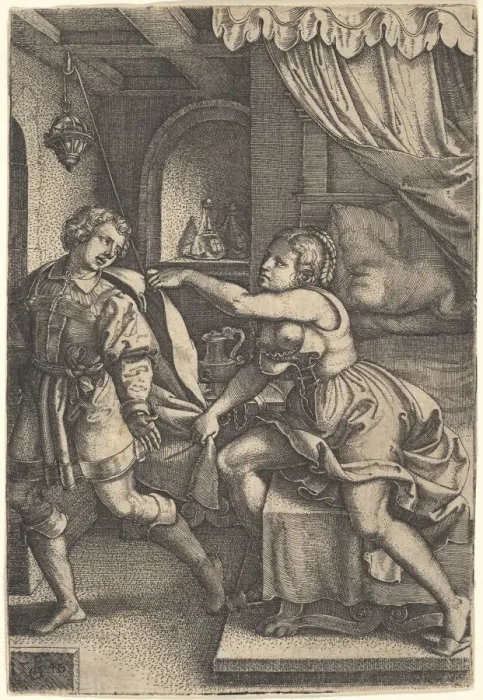 Framed Print : Joseph strides away from Potiphars wife, who clutches his cloak with both hands as she Framed Print : Joseph strides away from Potiphars wife, who clutches his cloak with both hands as she
