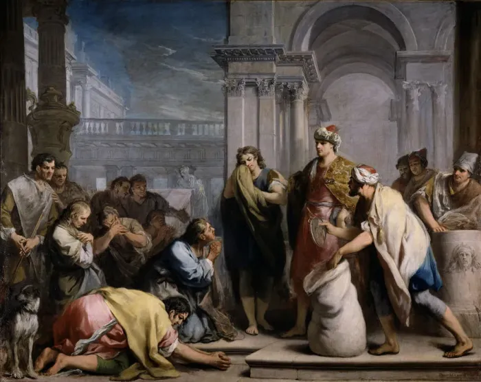 Framed Print : The Josephs silver cup in Benjamins sack, ca 1749. Artist: Amigoni, Jacopo (1675-1752) Framed Print : The Josephs silver cup in Benjamins sack, ca 1749. Artist: Amigoni, Jacopo (1675-1752)