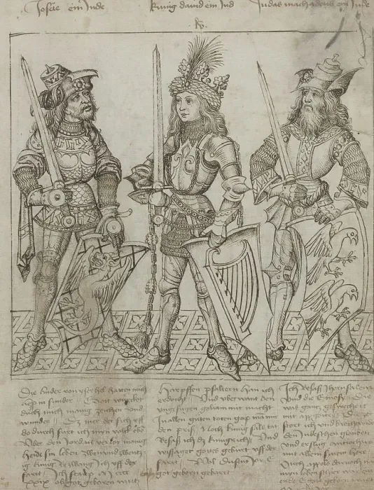 Framed Print : Joshua, King David and Judas Maccabeus, 1492. Creator: Master of the Strassburg Chronicle Framed Print : Joshua, King David and Judas Maccabeus, 1492. Creator: Master of the Strassburg Chronicle