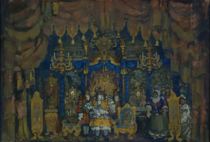 Framed Print : Jourdains Room. Stage design for the theatre play A Bourgeois as a Nobleman by J. -B. Moliere, 1911. Artist: Sapunov, Nikolai Nikolayevich (1880-1912) Framed Print : Jourdains Room. Stage design for the theatre play A Bourgeois as a Nobleman by J. -B. Moliere, 1911. Artist: Sapunov, Nikolai Nikolayevich (1880-1912)