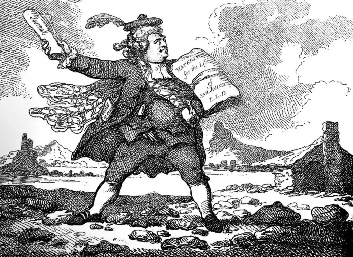 Framed Print : The Journalist with a view of Auchinleck or The Land of Stones, c 1786. Artist: Thomas Rowlandson Framed Print : The Journalist with a view of Auchinleck or The Land of Stones, c 1786. Artist: Thomas Rowlandson