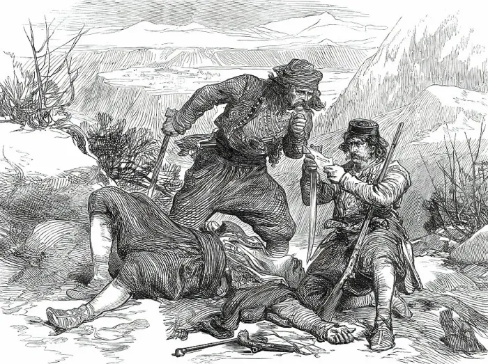 Framed Print : A Journey into the Herzegovina: Fate of a Turkish Spy, from a sketch by our special artist, 1876. Creator: Unknown Framed Print : A Journey into the Herzegovina: Fate of a Turkish Spy, from a sketch by our special artist, 1876. Creator: Unknown
