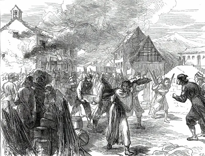 Framed Print : A Journey into the Herzegovina: Fire at a Gunpowder Depot at Grahovo, 1876. Creator: C.R Framed Print : A Journey into the Herzegovina: Fire at a Gunpowder Depot at Grahovo, 1876. Creator: C.R