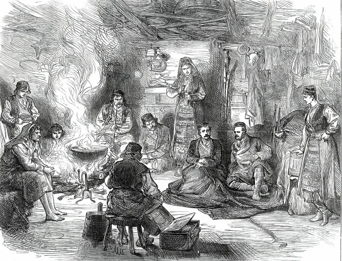 Framed Print : A Journey into the Herzegovina: Interior of a Hut at Belovase, 1876. Creator: Unknown Framed Print : A Journey into the Herzegovina: Interior of a Hut at Belovase, 1876. Creator: Unknown