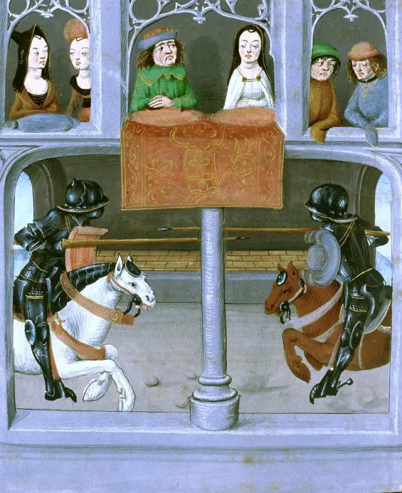 Framed Print : A joust between two knights, late 15th century. Creator: Master of the London Wavrin Framed Print : A joust between two knights, late 15th century. Creator: Master of the London Wavrin