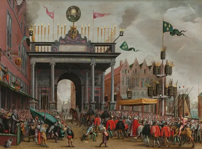 Framed Print : Joyful Entry of the Duke of Anjou in Antwerp on 19 February 1582, 1582-1600. Creator: Monogrammist M.H.V.H Framed Print : Joyful Entry of the Duke of Anjou in Antwerp on 19 February 1582, 1582-1600. Creator: Monogrammist M.H.V.H