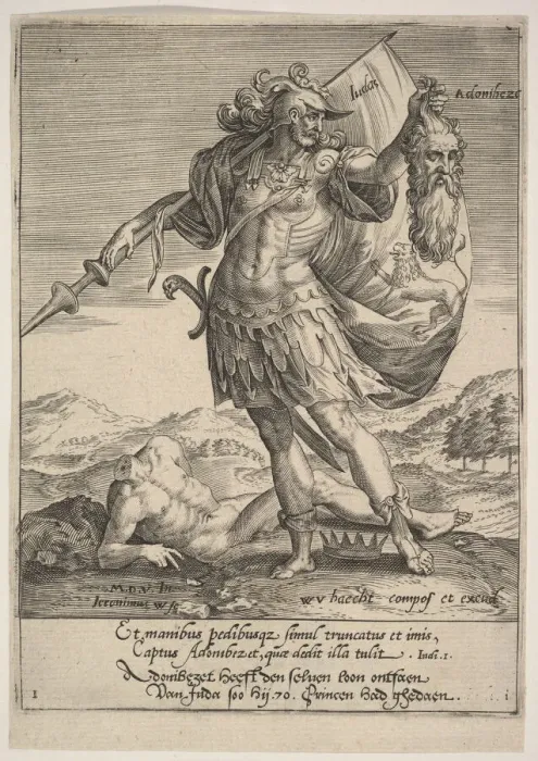Framed Print : Judah with the Head of Adonibezek, from Willem van Haecht, Tyrannorum proemia, 1578, 1578 Framed Print : Judah with the Head of Adonibezek, from Willem van Haecht, Tyrannorum proemia, 1578, 1578