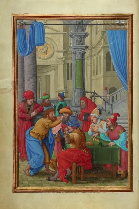 Framed Print : Judas Receiving the Thirty Pieces of Silver, about 1525-1530. Creator: Simon Bening Framed Print : Judas Receiving the Thirty Pieces of Silver, about 1525-1530. Creator: Simon Bening