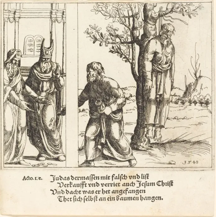Framed Print : Judas Returns the Thirty Pieces of Silver, 1548. Creator: Augustin Hirschvogel Framed Print : Judas Returns the Thirty Pieces of Silver, 1548. Creator: Augustin Hirschvogel