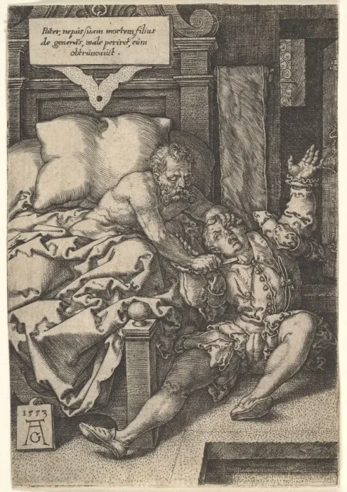 Framed Print : Judge Herkinbald Cutting the Throat of his Nephew, 1553. Creator: Heinrich Aldegrever Framed Print : Judge Herkinbald Cutting the Throat of his Nephew, 1553. Creator: Heinrich Aldegrever