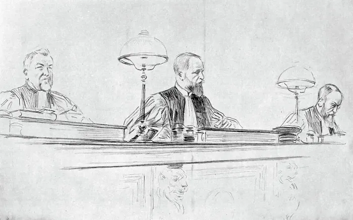 Framed Print : The judge, M de Valles, during the trial of Marguerite Steinheil, Paris, France, 1909. Artist: L Sabattier Framed Print : The judge, M de Valles, during the trial of Marguerite Steinheil, Paris, France, 1909. Artist: L Sabattier