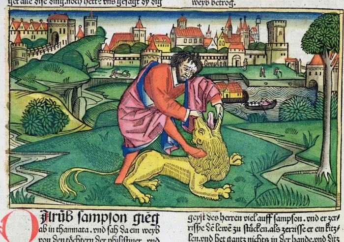 Framed Print : Judges 14: 5-9: Samson slaying the lion Framed Print : Judges 14: 5-9: Samson slaying the lion