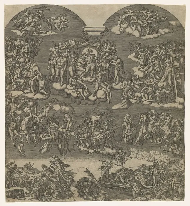 Framed Print : The Last Judgment, Christ at top center surrounded by many figures, below figures... ca. 1550-1600. Creator: Anon Framed Print : The Last Judgment, Christ at top center surrounded by many figures, below figures... ca. 1550-1600. Creator: Anon