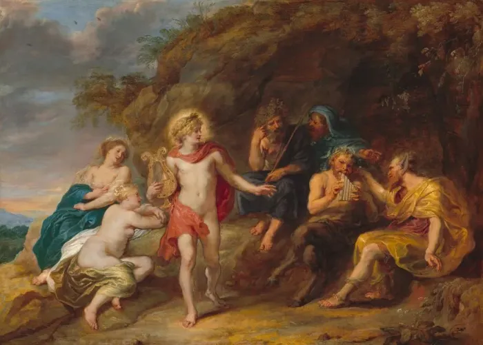 Framed Print : The Judgment of Midas, c. 1640. Creator: Jan van den Hoecke Framed Print : The Judgment of Midas, c. 1640. Creator: Jan van den Hoecke