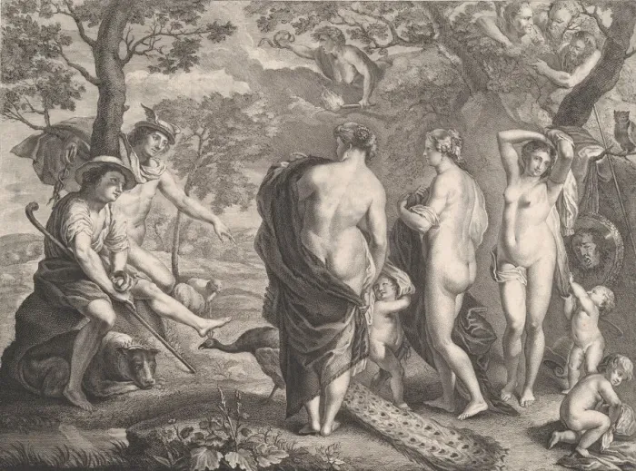 Framed Print : The Judgment of Paris, 1750. Creators: Pierre Etienne Moitte, Pierre Francois Tardieu Framed Print : The Judgment of Paris, 1750. Creators: Pierre Etienne Moitte, Pierre Francois Tardieu