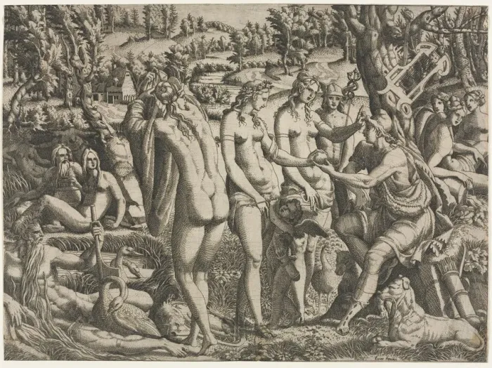 Framed Print : The Judgment of Paris, c. 1545. Creator: Jean Mignon (French) Framed Print : The Judgment of Paris, c. 1545. Creator: Jean Mignon (French)