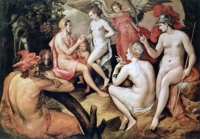 Framed Print : The Judgment of Paris, c1550. Artist: Frans Floris Framed Print : The Judgment of Paris, c1550. Artist: Frans Floris