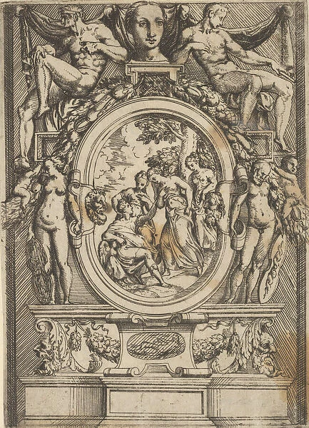 The Judgment of Paris; man seated at left reaches out to a woman who is flanked by
