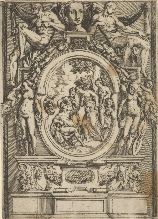 Framed Print : The Judgment of Paris; man seated at left reaches out to a woman who is flanked by Framed Print : The Judgment of Paris; man seated at left reaches out to a woman who is flanked by