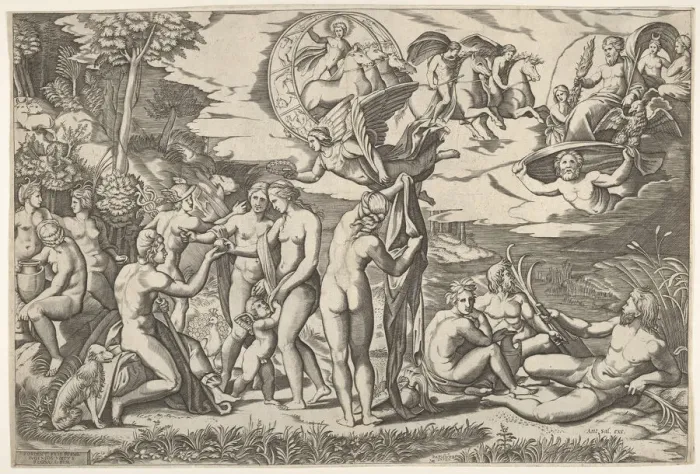 Framed Print : Judgment of Paris: Paris extends his hand toward Venus, who stands between Juno Framed Print : Judgment of Paris: Paris extends his hand toward Venus, who stands between Juno