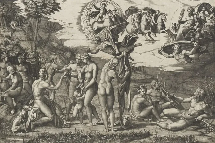 Framed Print : The Judgment of Paris; he is sitting at left with Venus, Juno and Pallas Athena, a... ca. 1510-20. Creator: Marcantonio Raimondi Framed Print : The Judgment of Paris; he is sitting at left with Venus, Juno and Pallas Athena, a... ca. 1510-20. Creator: Marcantonio Raimondi