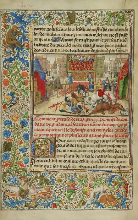Framed Print : A Judicial Duel Between Gillion's Son Gerard and the Emir Lucion, 1464. Creators: Lieven van Lathem, David Aubert Framed Print : A Judicial Duel Between Gillion's Son Gerard and the Emir Lucion, 1464. Creators: Lieven van Lathem, David Aubert