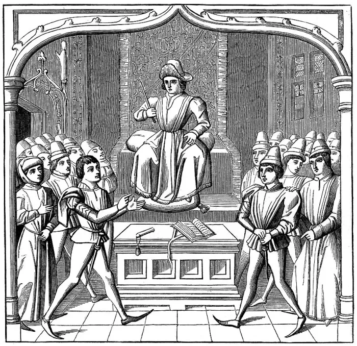 Framed Print : The Judicial Duel, the plaintiff opening his case before the judge, 15th century (1849) Framed Print : The Judicial Duel, the plaintiff opening his case before the judge, 15th century (1849)