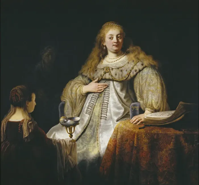 Framed Print : Judith at the banquet of Holofernes, 1634. Artist: Rembrandt van Rhijn (1606-1669) Framed Print : Judith at the banquet of Holofernes, 1634. Artist: Rembrandt van Rhijn (1606-1669)