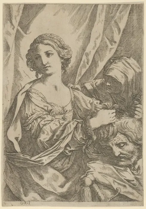 Framed Print : Judith grasping the head of Holofernes by the hair and looking to the left, an old wo Framed Print : Judith grasping the head of Holofernes by the hair and looking to the left, an old wo