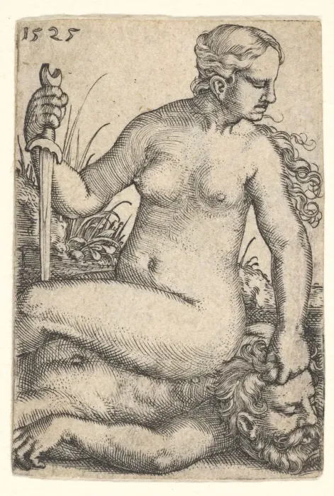Framed Print : Judith, looking towards the right, seated nude atop the dead body of Holofernes Framed Print : Judith, looking towards the right, seated nude atop the dead body of Holofernes