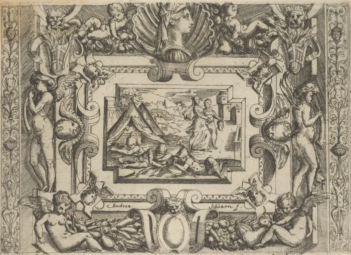 Framed Print : Judith and maidservant with the head of Holofernes, set within an elaborate frame, c Framed Print : Judith and maidservant with the head of Holofernes, set within an elaborate frame, c