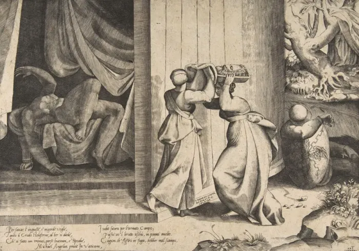 Framed Print : Judith passing the head of Holofernes to her maidservant, the decapitated Holofernes in Framed Print : Judith passing the head of Holofernes to her maidservant, the decapitated Holofernes in