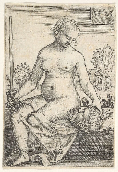 Judith, seated nude with a sword in her right hand, gazing down at the head of Holofernes