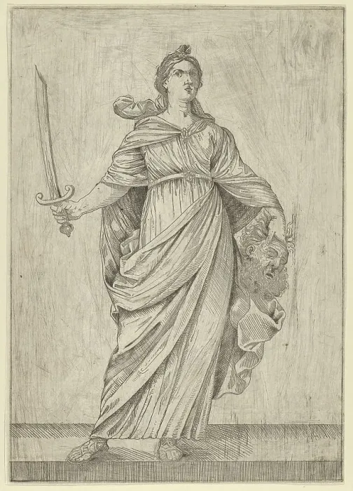 Framed Print : Judith standing on a ledge holding the head of Holofernes in her left hand.. 17th century. Creator: Anon Framed Print : Judith standing on a ledge holding the head of Holofernes in her left hand.. 17th century. Creator: Anon