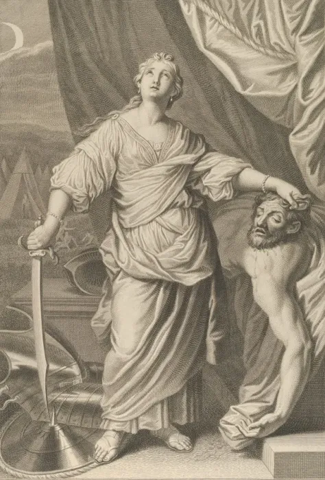 Framed Print : Judith standing and looking up, holding the head of Holofernes in her left hand Framed Print : Judith standing and looking up, holding the head of Holofernes in her left hand