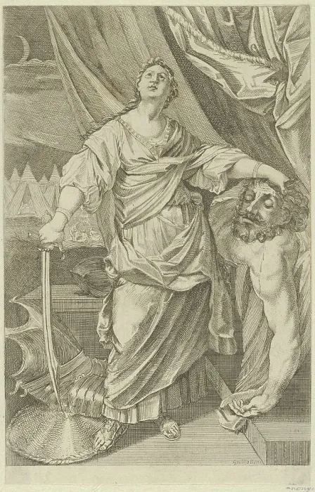 Framed Print : Judith standing and looking up, holding the head of Holofernes in her left hand and a... 1650-1750. Creator: Anon Framed Print : Judith standing and looking up, holding the head of Holofernes in her left hand and a... 1650-1750. Creator: Anon