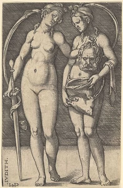 Judith standing to right and holding the head of Holofernes in her right hand and a