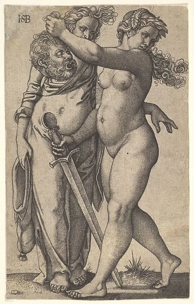 Judith walking to the left with the head of Holofernes in her right hand and a swor