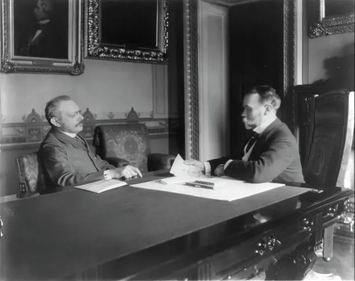 Framed Print : Jules Martin Cambron, 1845-1935, and John Milton Hay, 1838-1905, at exchange... c1899 May 4. Creator: Unknown Framed Print : Jules Martin Cambron, 1845-1935, and John Milton Hay, 1838-1905, at exchange... c1899 May 4. Creator: Unknown