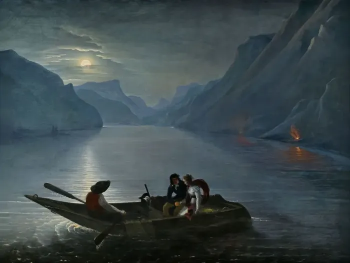 Framed Print : Julie and Saint-Preux on Lake Geneva, 1824. Creator: Le Prince (baron de Crespy) Framed Print : Julie and Saint-Preux on Lake Geneva, 1824. Creator: Le Prince (baron de Crespy)