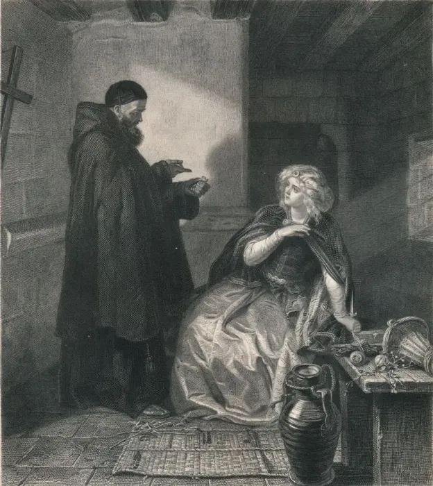 Framed Print : Juliet in the Cell of Friar Lawrence, 1867. Artist: Herbert Bourne Framed Print : Juliet in the Cell of Friar Lawrence, 1867. Artist: Herbert Bourne