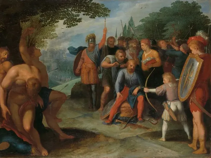 Framed Print : Julius Civilis Having his Hair Cut after the Fall of Vetera, while his Son Kills Some... 1600-1613. Creator: Otto Van Veen Framed Print : Julius Civilis Having his Hair Cut after the Fall of Vetera, while his Son Kills Some... 1600-1613. Creator: Otto Van Veen