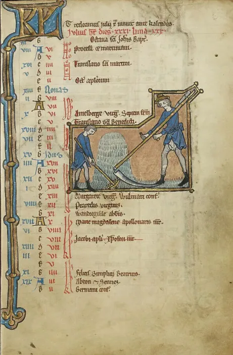 Framed Print : July Calendar Page; Mowing; Psalter, mid-1200s. Creator: Unknown Framed Print : July Calendar Page; Mowing; Psalter, mid-1200s. Creator: Unknown