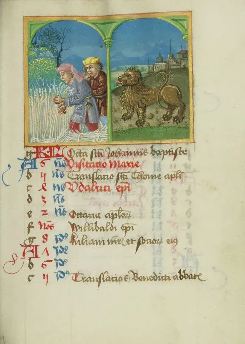 Framed Print : July Calendar Page; Reaping; Leo; Book of Hours, early 16th century. Creator: Unknown Framed Print : July Calendar Page; Reaping; Leo; Book of Hours, early 16th century. Creator: Unknown