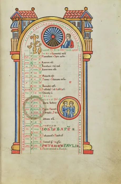 Framed Print : June Calendar Page with Junius Brutus (?) and Zodiacal Sign of Gemini, probably 1170s. Creator: Unknown Framed Print : June Calendar Page with Junius Brutus (?) and Zodiacal Sign of Gemini, probably 1170s. Creator: Unknown