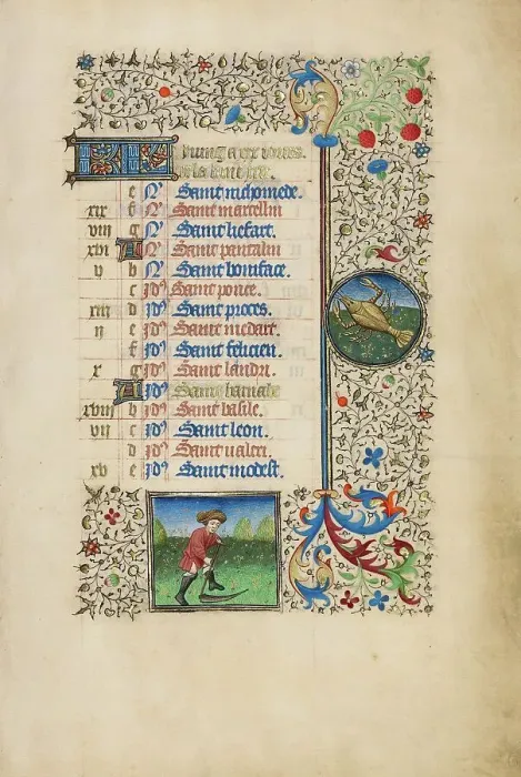 Framed Print : June Calendar Page: Mowing: Cancer; Book of Hours, about 1440-1450. Creator: Workshop of the Bedford Master Framed Print : June Calendar Page: Mowing: Cancer; Book of Hours, about 1440-1450. Creator: Workshop of the Bedford Master
