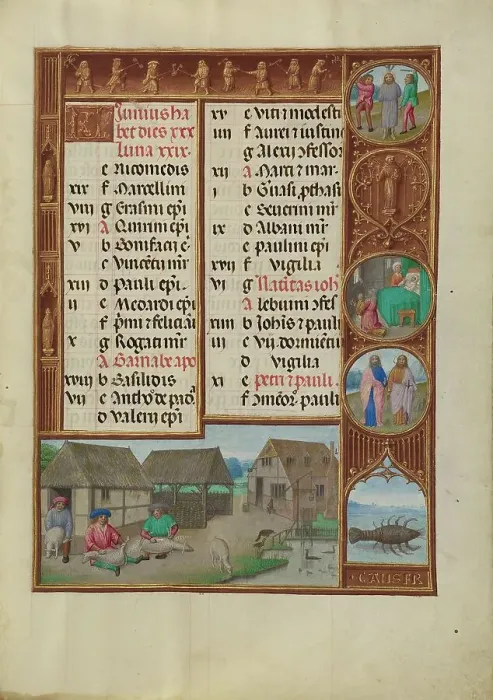 Framed Print : June Calendar Page: Sheepshearing: Cancer; Spinola Hours, about 1510-1520. Creator: Workshop of the Master of James IV of Scotland Framed Print : June Calendar Page: Sheepshearing: Cancer; Spinola Hours, about 1510-1520. Creator: Workshop of the Master of James IV of Scotland